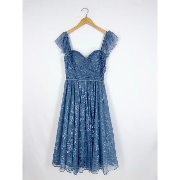 Mori Lee Madeline Gardner Women's Off Shoulder Lace Dress Size 12 Blue Bridal - Picture 2 of 16